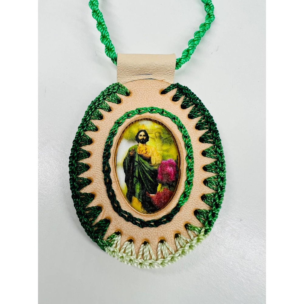 St Jude Leather Scapular Necklace Green Knotted Adjustable Rope Saint
